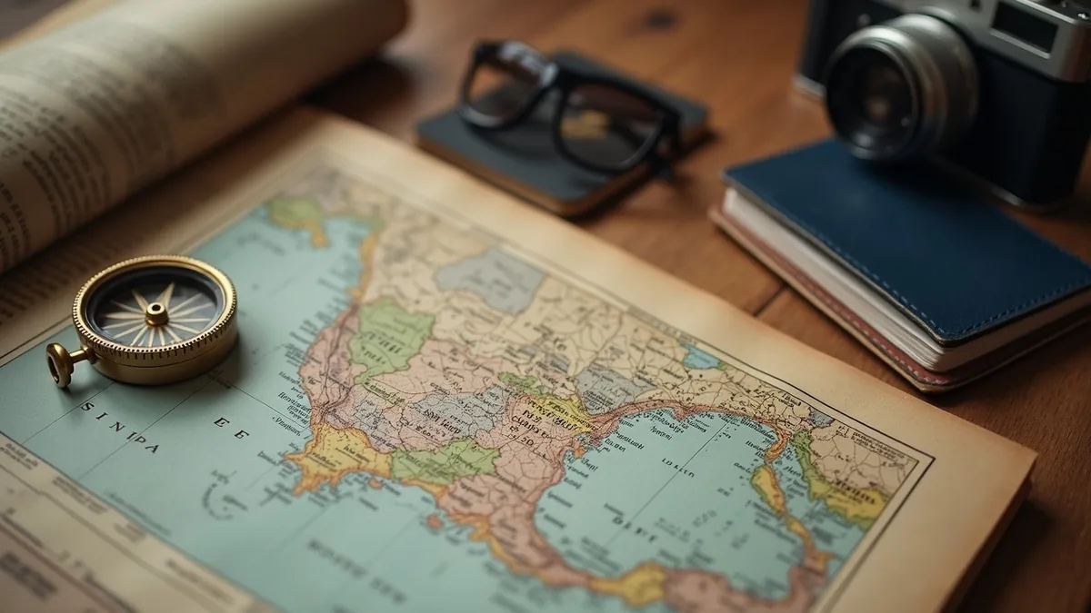 Boussole en laiton, carte routière pliée, lunettes de soleil et petit appareil photo argentique sur une table en bois, ambiance de voyage international